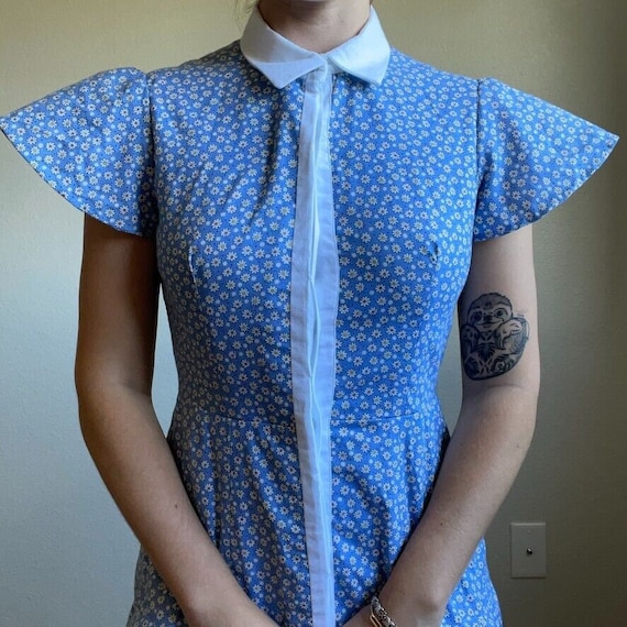 Handmade Vintage Blue Cotton Collared Floral Dais… - image 7