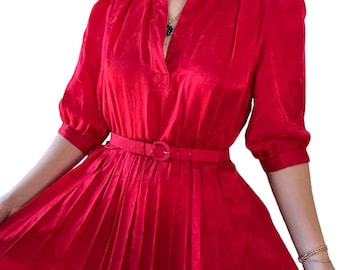 Vintage 1980s Gary Lawrence Red 100% Silk Cocktail Evening Pleated Dress Sz 10