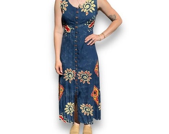 Vintage 90s Womens Navy Blue Geometric Floral Hawaiian Boho Maxi Dress Sz L