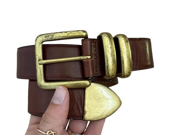 Vintage The Ritz Brown Genuine Leather Solid Brass Buckle Retro Waist Belt Sz S
