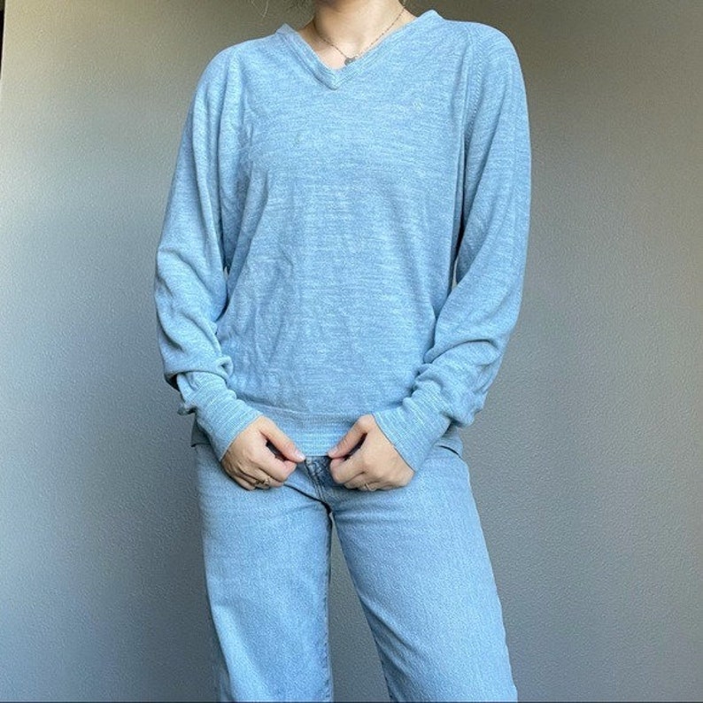 Vintage 90s Christian Dior Women's Blue V Neck Long Sleeve Oversized Sweater L image 3