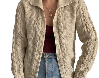 Vintage Womens Hand Knit Cream Wool Fisherman Cable Full Zip Cardigan Sz M