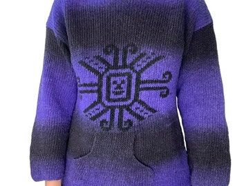 Vintage 1990s Womens Hand Knit Purple Ombre Wool Sun Hippie Hoodie Sweater Sz M