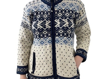 Norwear Womens Blue White Wool Fair Isle Norwegian Full Zip Ski Cardigan Jacket