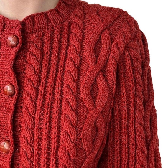 Vintage Womens Red Handknit 100% Wool Irish Cable… - image 5