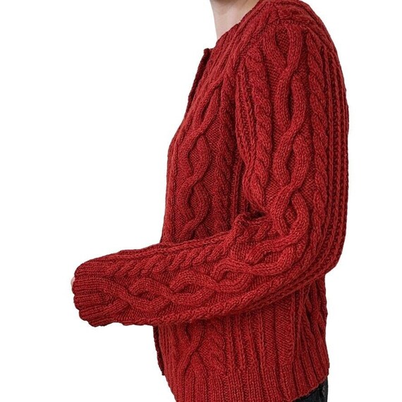 Vintage Womens Red Handknit 100% Wool Irish Cable… - image 4