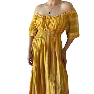 Vintage 1970s Retro Yellow Hippy Off The Shoulder Striped Cotton Maxi Dress Sz M