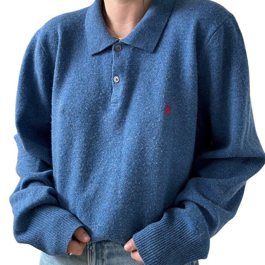 Vintage 1990s Polo Ralph Lauren Mens Blue 100% Lambs Wool Polo