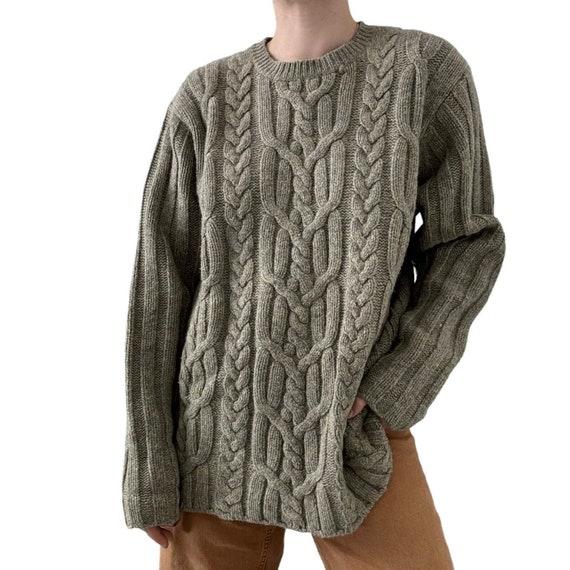 Vintage Womens Gap Olive Green Lambswool Cable Knit Keltic Sweater 