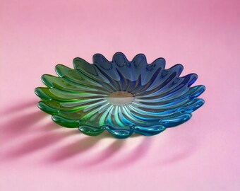 Vintage Mid Mod Retro Green Blue Floral Glass Abstract Swirl Candy Dish Ashtray