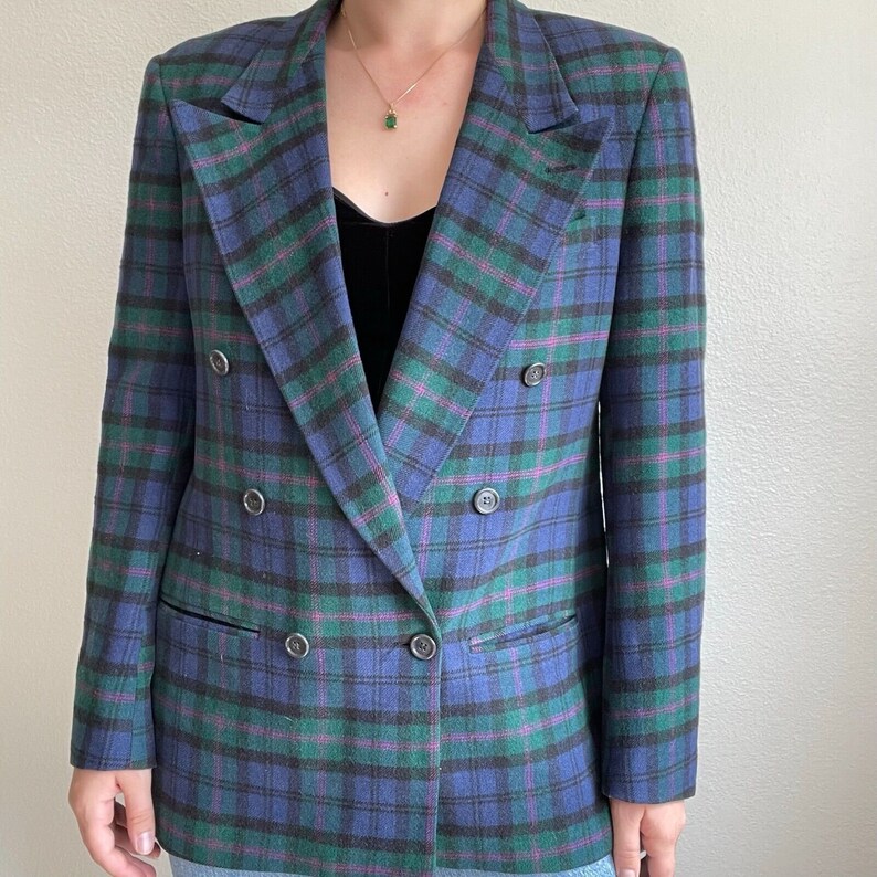 Vintage Womens 80s PBM Grunge Preppy Purple Green Camel Hair Double Breasted Blazer Plaid Sz M image 10