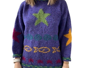 Vintage Womens Hand Knit Star Purple Chunky Wool Hippie Oversized Sweater Sz M