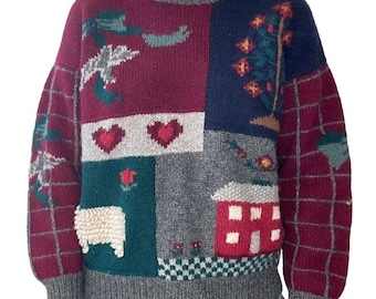 Vintage Womens Deans of Scotland Hand Knit Cottagecore Farm Scene Wool Sweater