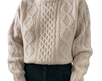 Vintage 1960s Womens Thane Cream Wool Fisherman Cable Knit Chunky Sweater Sz L