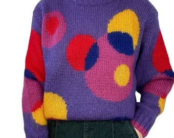 Vintage 1980s Mohair Geometric Fluffy Clowncore Oversized Sweater Sz M