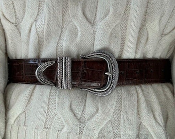 Brighton Womens 1995 Brown Leather Croc Embossed Western Hippie Belt Sz M