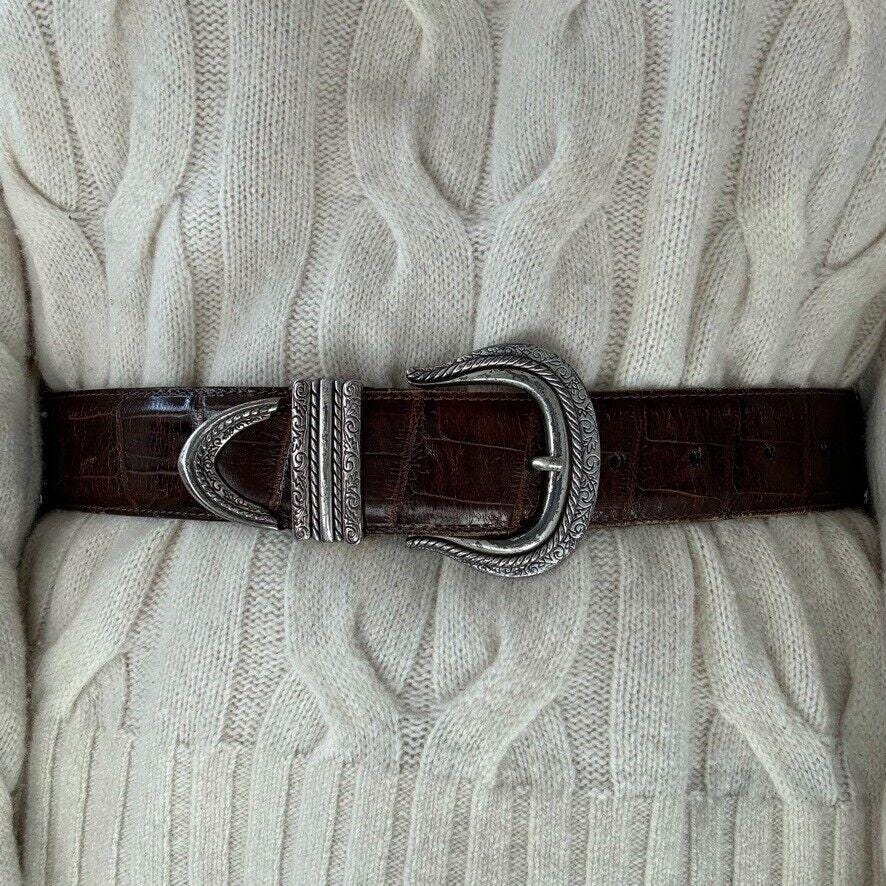 Vintage Brighton Croc Embossed Leather Belt Silver Rope Buckle Size 28 VTG Brighton Leather Belt Brown Western Silver Tone Croc  main image 4