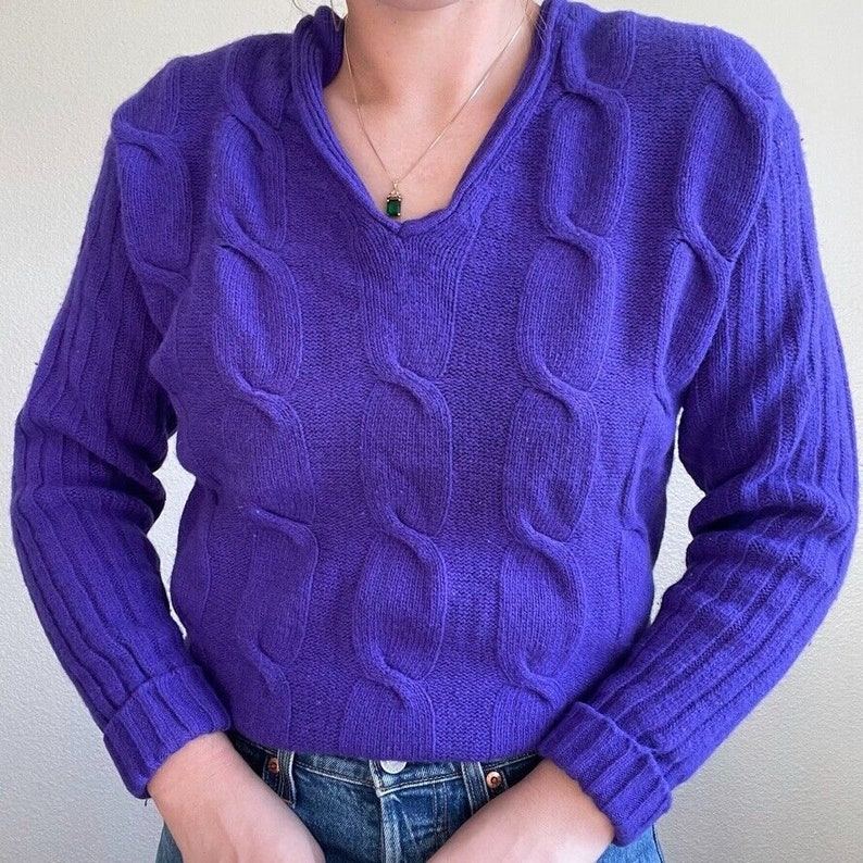 Vintage 90s The Limited Lambswool Angora Blend Purple Cable Sweater Sz M image 1