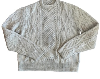 Vintage Unisex 100% Wool White Rustic Chunky Cable Knit Hand Knit Irish Sweater