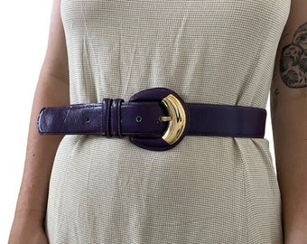 Vintage 1980s Womens Milor Purple Leather Retro Gold Buckle Waist Belt Sz M