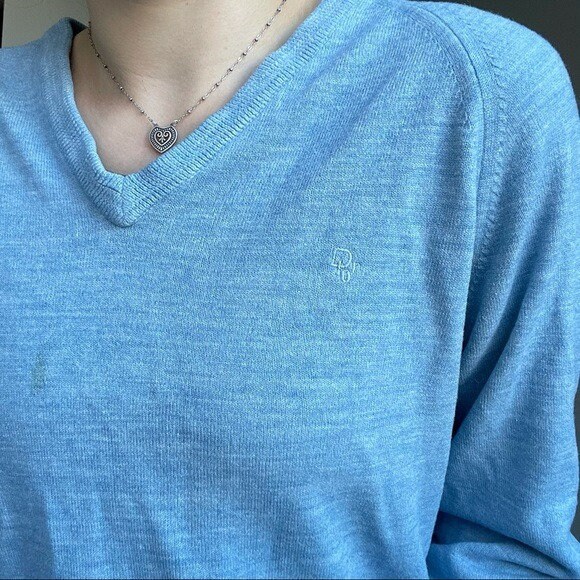 Vintage 90s Christian Dior Women's Blue V Neck Long Sleeve