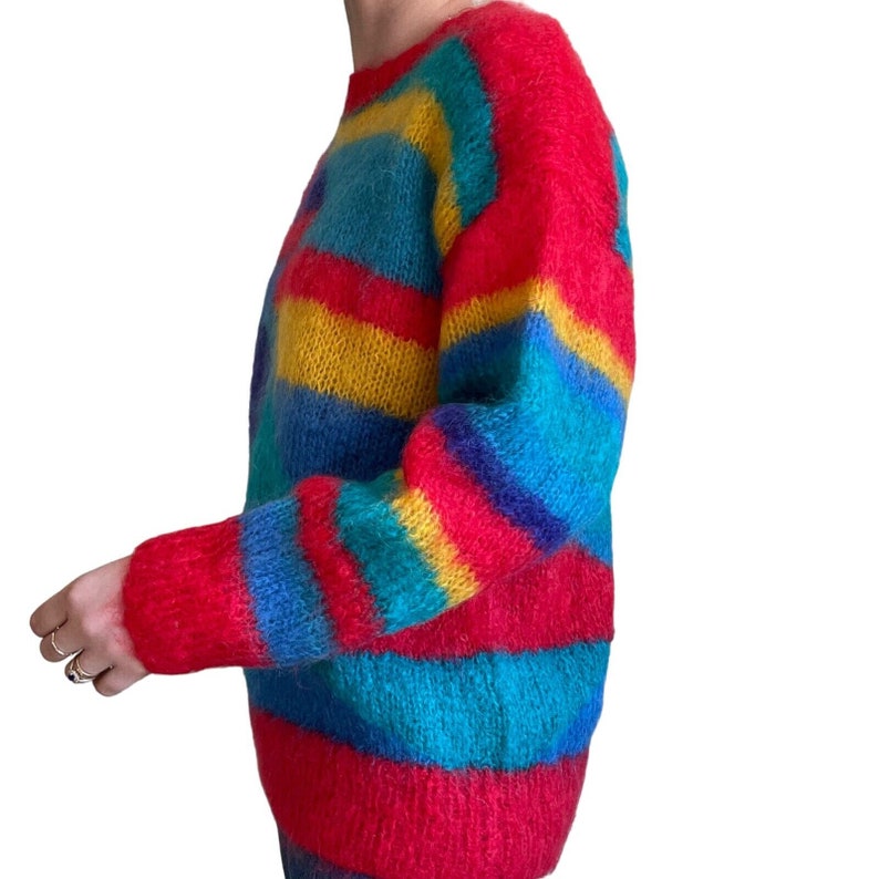 Vintage Womens Hand Knit Rainbow Mohair Fluffy Geometric Sweater Sz L image 5