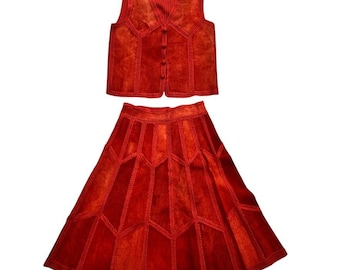 Vintage 1970s Western Rust Orange Knit Suede Vest Skirt Cochella Festival Set