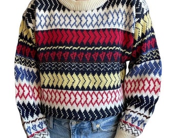 Vintage Womens 80s Retro Geometric Ski Crewneck Striped Multicolor Sweater Sz L