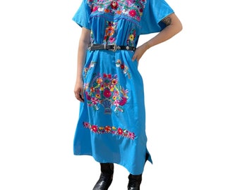 Vintage Womens Blue Cotton Mexican Floral Embroidered Hippie Maxi Dress Sz L