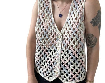 Vintage 1990s Womens Floral Lattice Preppy Grandmacore Vest Waistcoat Sz XL