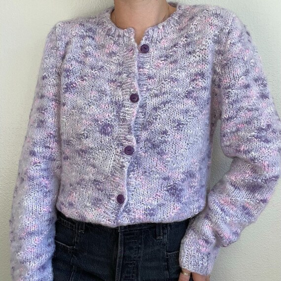 Vintage 90s Hand Knit Purple Pink Fuzzy Oversized Cardigan Sz - Etsy