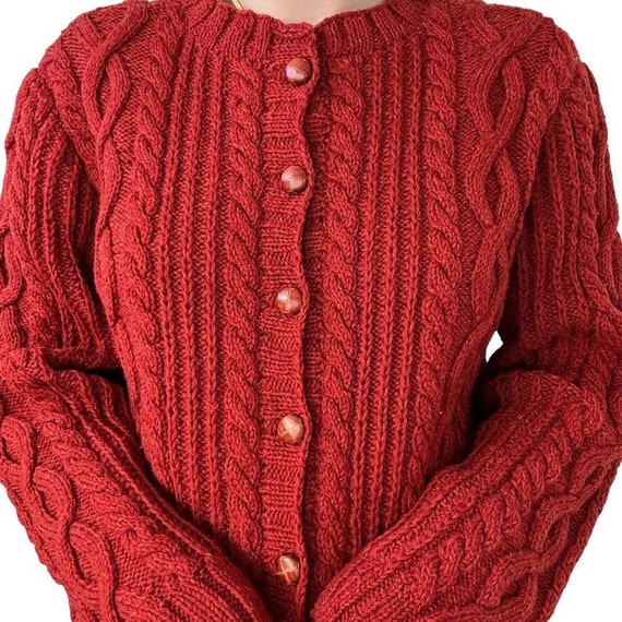 Vintage Womens Red Handknit 100% Wool Irish Cable… - image 3