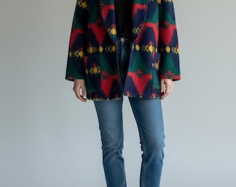 Vintage 1980s Western Rodeo Cowgirl Fleece Oversized Jacket Blazer Made USA Sz L
