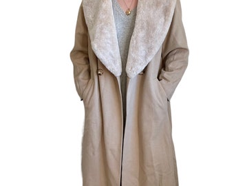 Marks & Spencer Mujer Light Beige Wool Blend Faux Fur Collar Trench Coat Sz L