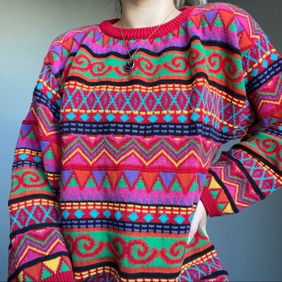 Vintage 90s Women’s Cotton Coogi Inspired Rainbow Multicolored Sweater Sz L