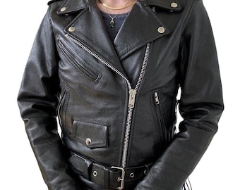 Vintage 1990s Womens Black 100% Leather Biker Moto Grunge