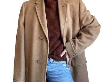 Vintage 90s Unisex 100% Cashmere Tan Mid Length Minimalist Trench Coat Sz XL