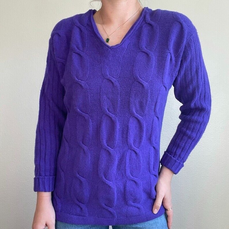 Vintage 90s The Limited Lambswool Angora Blend Purple Cable Sweater Sz M image 6