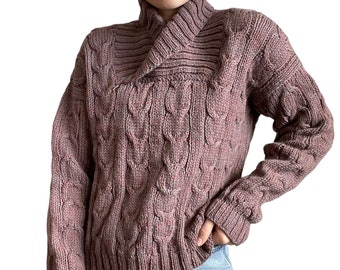 Vintage Womens Purple Red Hand Knit Fisherman Chunky Wool Cable Sweater Sz M