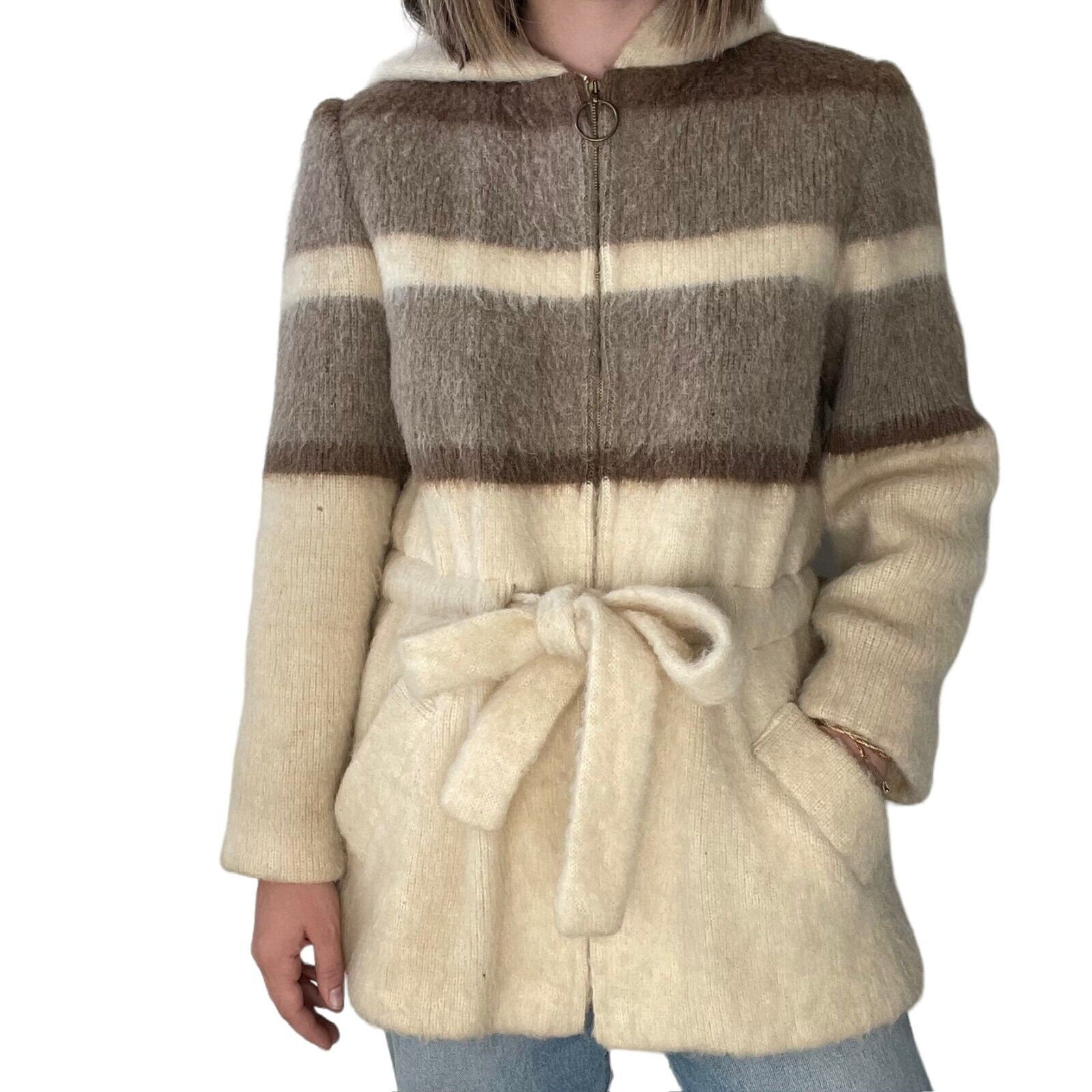 Vintage 1960s Hilda Ltd Icelandic Fluffy Fair Isle Brown Wool Hooded Jacket  Sz M 
