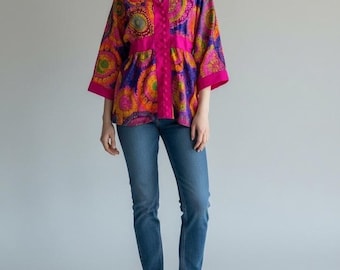 Vintage 1960s Krist Hawaiian Neon Psychedelic Floral Tropical Hippy Blouse Sz S