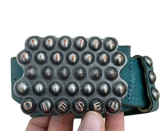 Y2K Diesel Teal Blue Leather Studded Hippy Belt sz 95cm Made in Italy