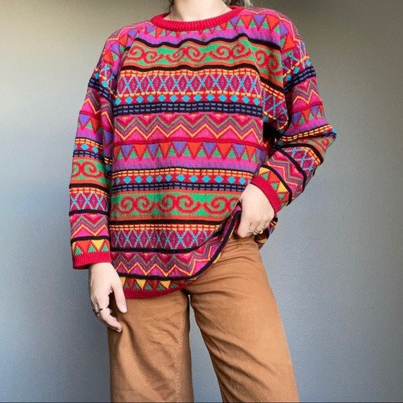 Vintage 90s Women’s Cotton Coogi Inspired Rainbow Multicolored Sweater Sz L