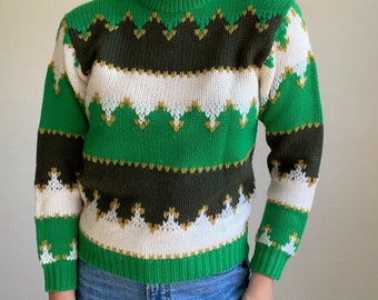 Vintage Nan Dorsey 1970s Retro Striped Chunky Wool Green Preppy Sweater Sz M