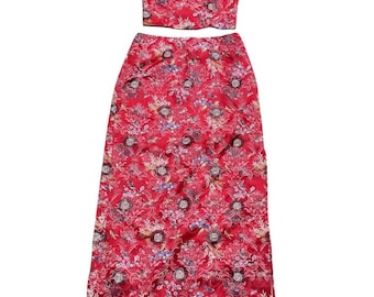 Vintage 1990s Y2K Womens Red Chinese Floral Pattern Corset Crop Top Skirt Set L