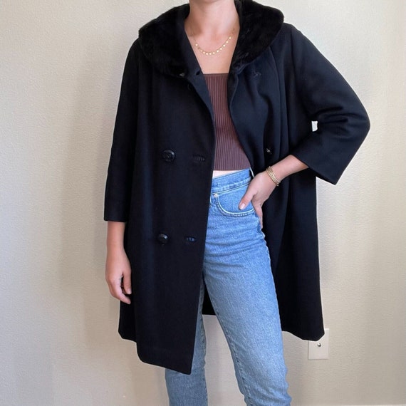Vintage 80s Womens Fur Collar Black Wool Retro Mi… - image 7