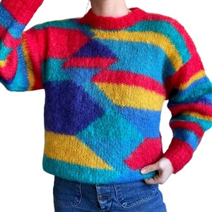 Vintage Womens Hand Knit Rainbow Mohair Fluffy Geometric Sweater Sz L image 9