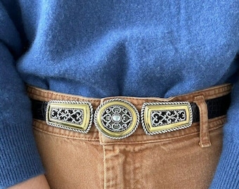 Vintage 90s Brighton Black Croc Embossed Leather Hippie Gold Silver Heart Belt