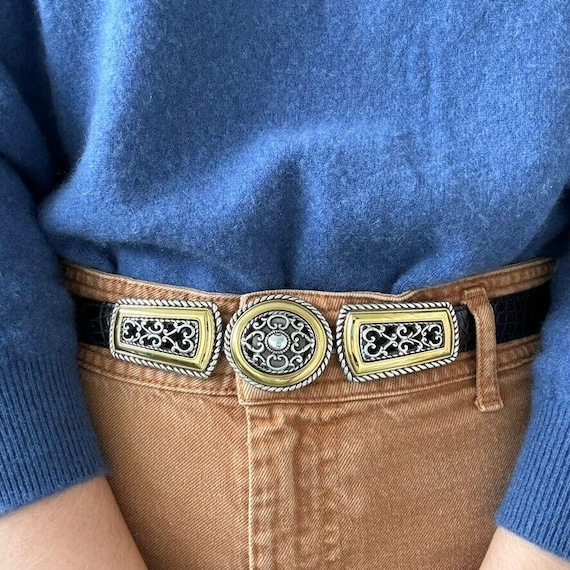 Vintage 90s Brighton Black Croc Embossed Leather Hippie Gold 