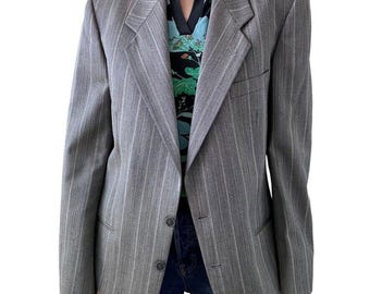 Vintage Yves Saint Laurent YSL Grey Striped Wool Preppy Sport Coat